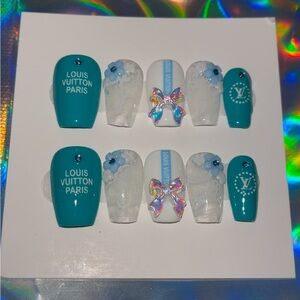 10 PC Hand Crafted Blue Floral Lacy Nails NWT